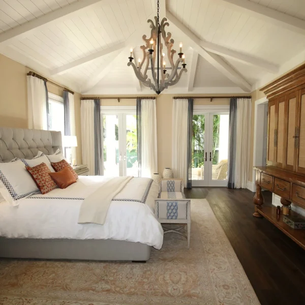 grand chandelier, big bed, carpet, window